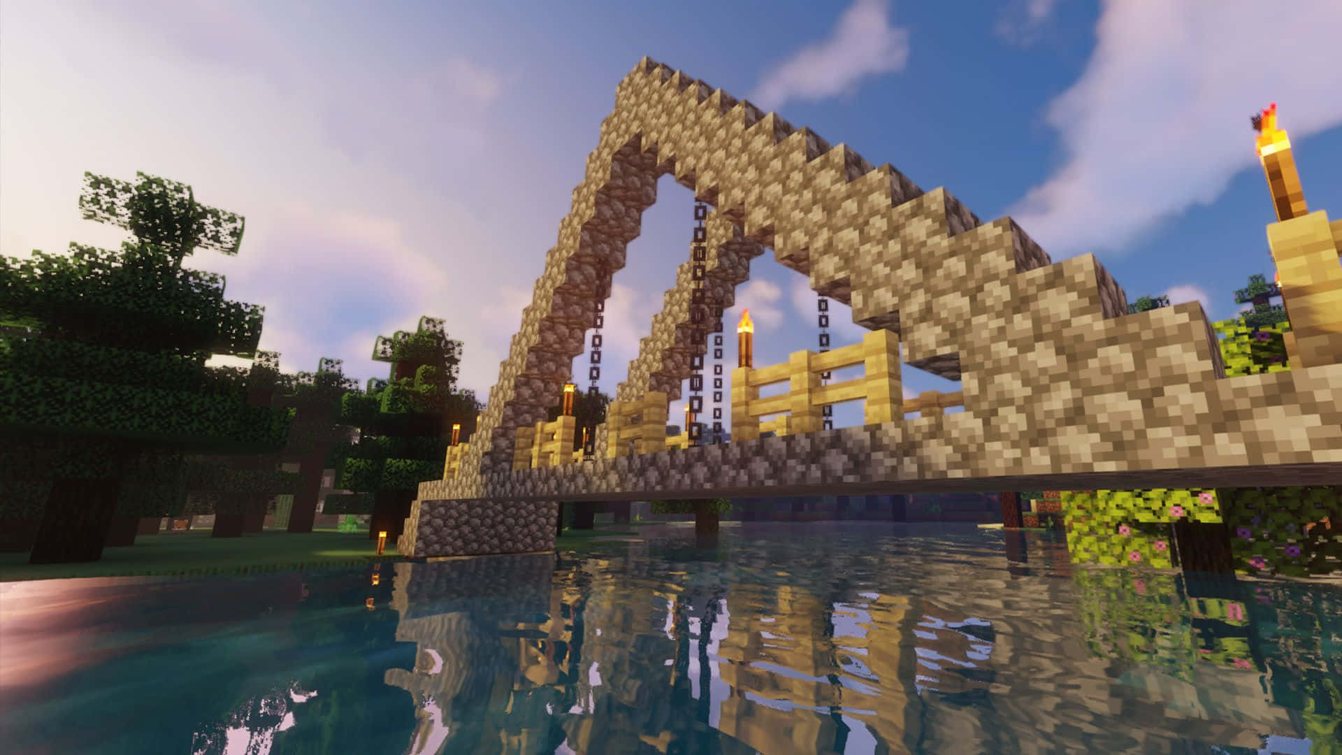 Epic Minecraft Suspension Bridge in a Beautiful Landscape Wallpaper