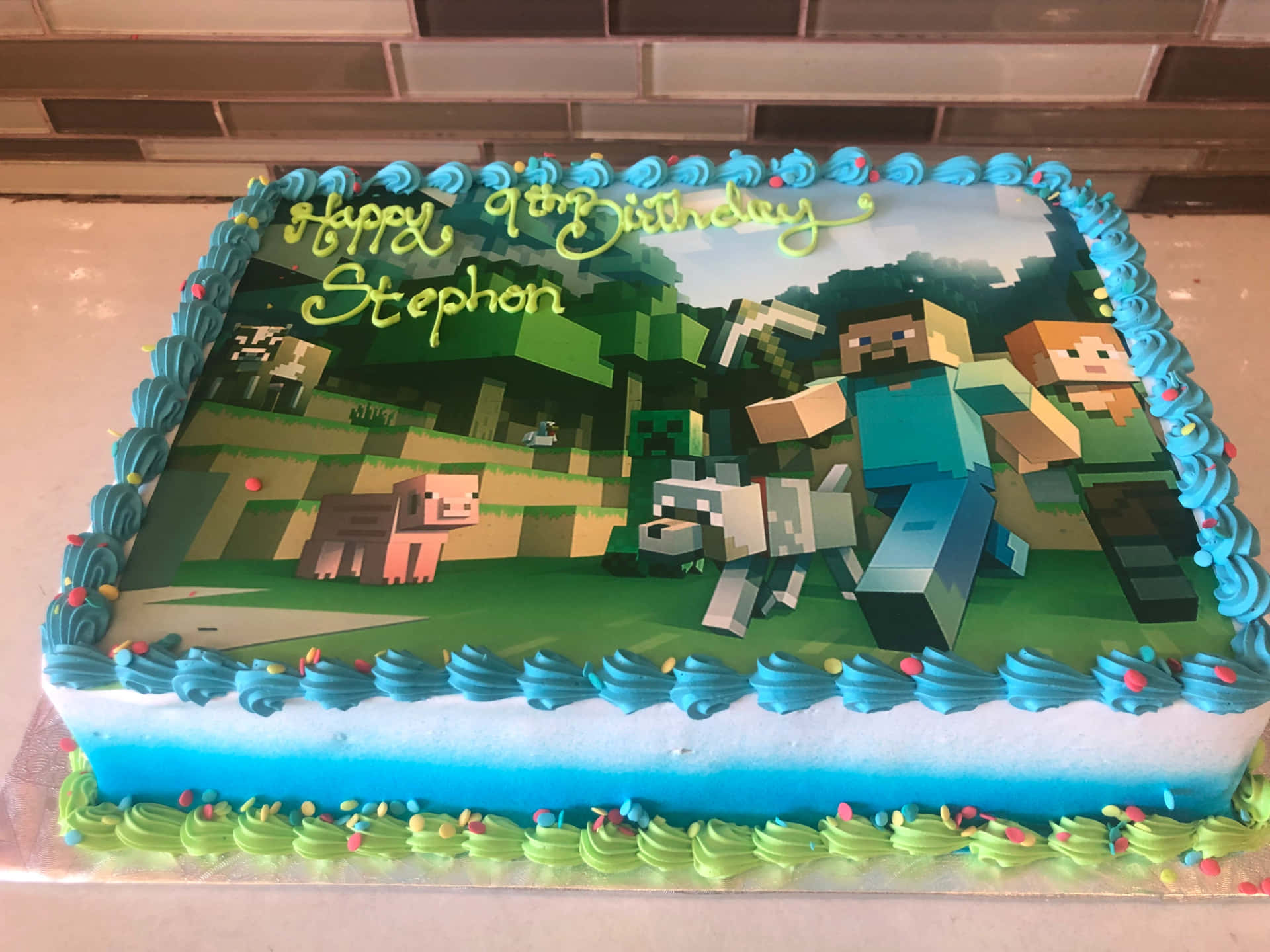 Celebrating a special occasion with a delicious Minecraft-themed cake.