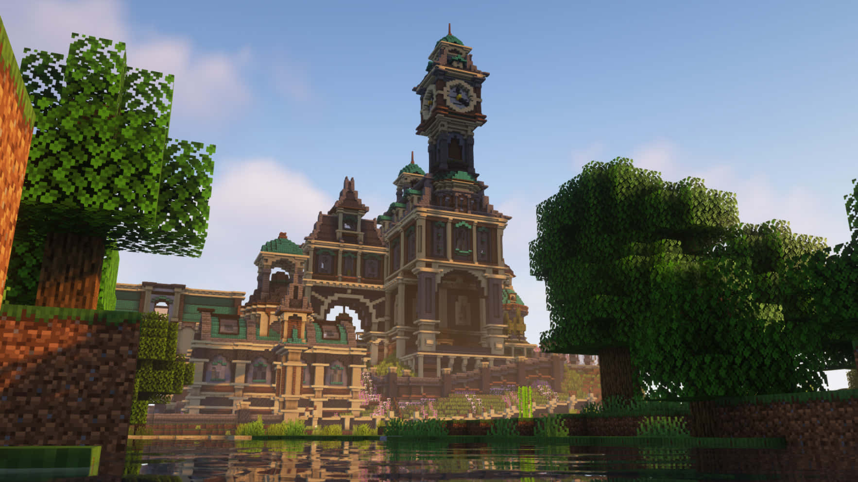 Majestic Minecraft Castle overlooking a serene landscape Wallpaper