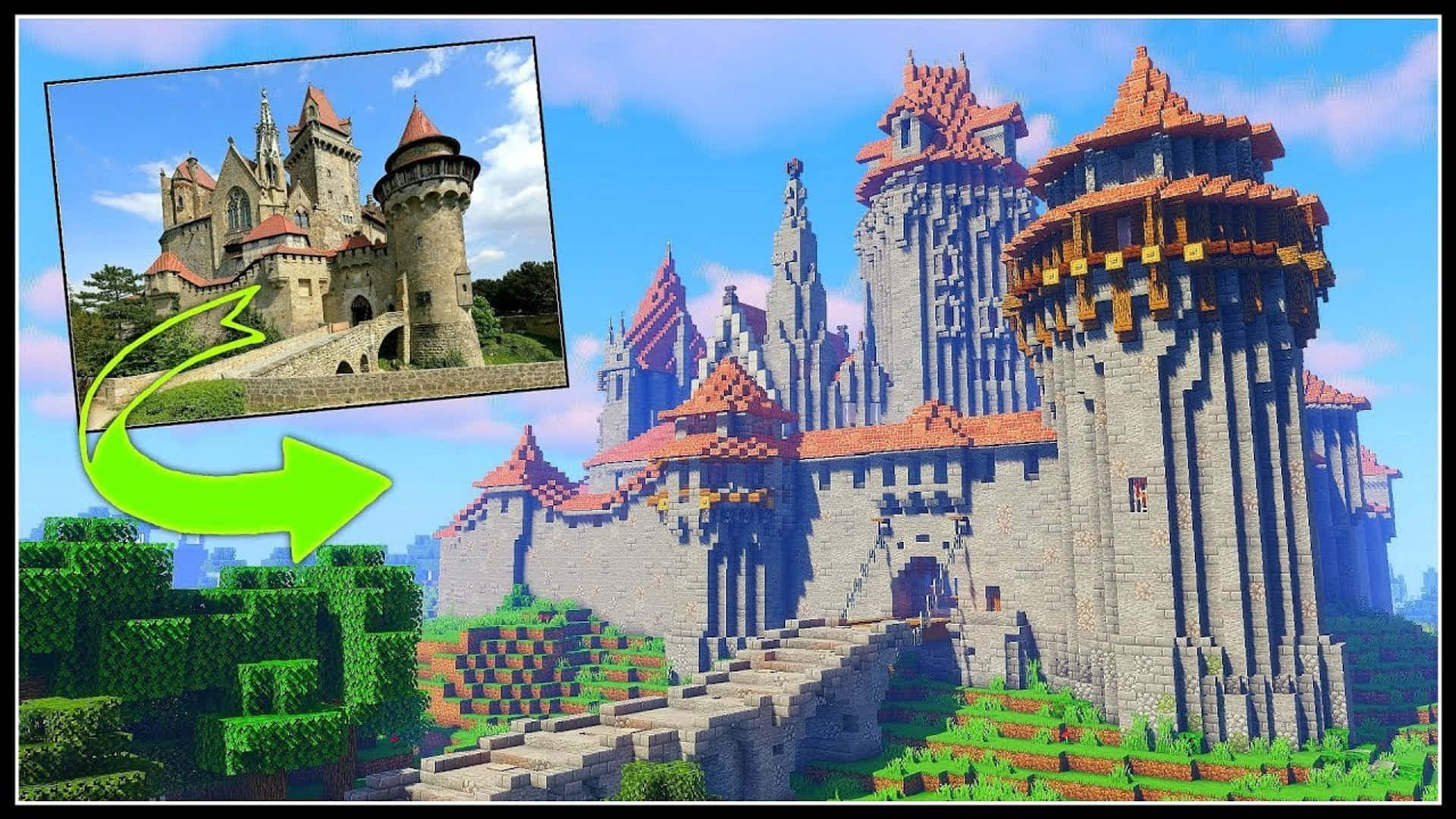 Caption: Majestic Minecraft Castle in Vibrant Landscape Wallpaper