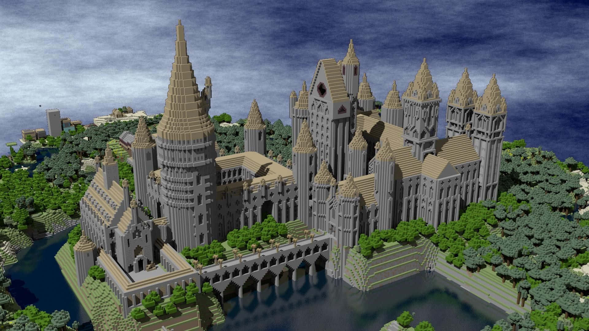 A stunning Minecraft castle overlooking a picturesque landscape Wallpaper