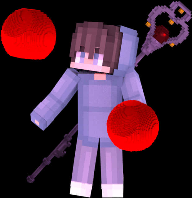 Minecraft Character With Staffand Orbs PNG