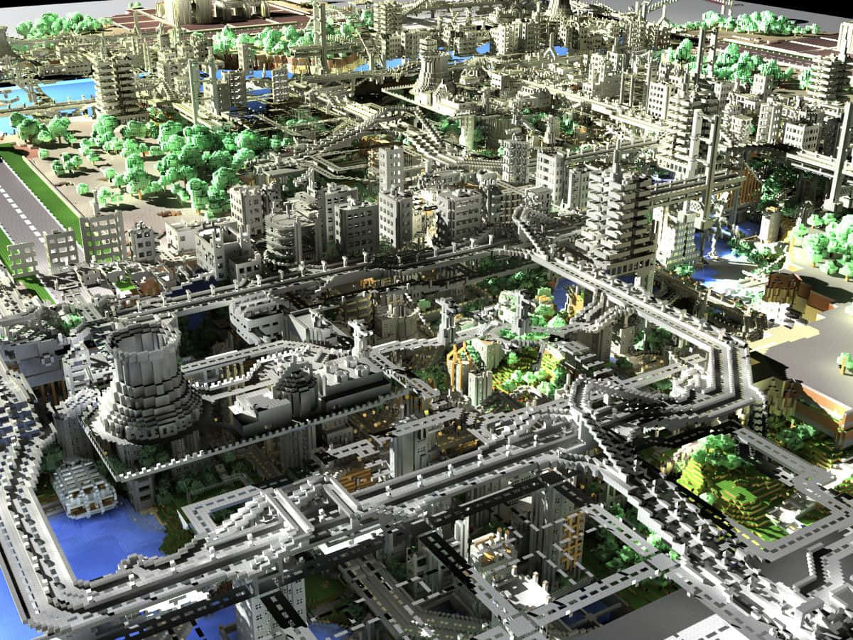 Impresionantepanorama De Una Ciudad De Minecraft Al Atardecer. Fondo de pantalla