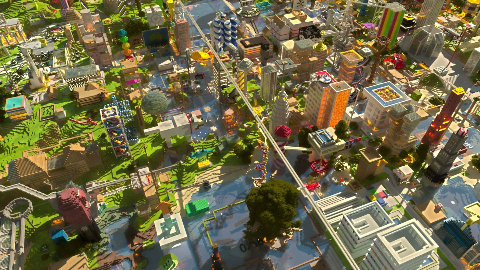 Impresionantepaisaje Urbano De Minecraft Durante La Noche. Fondo de pantalla