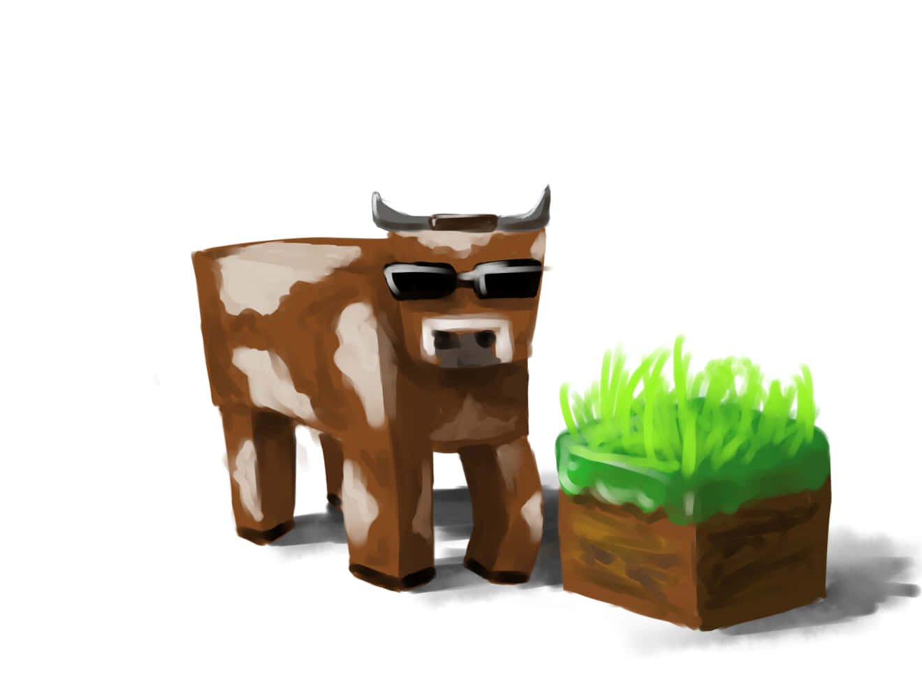 A Minecraft Cow peacefully grazing in a lush, pixelated world Wallpaper