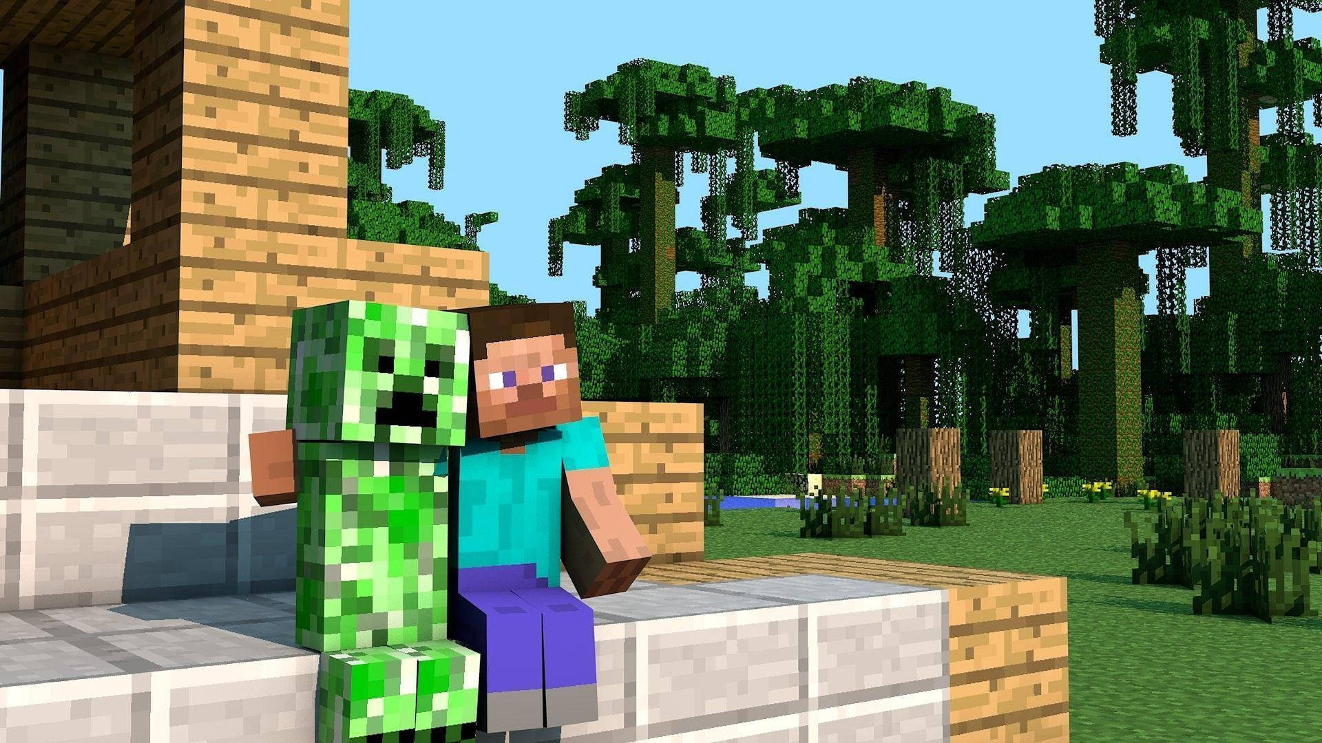 Minecraft Creeper og Steve i farverig karton design Wallpaper