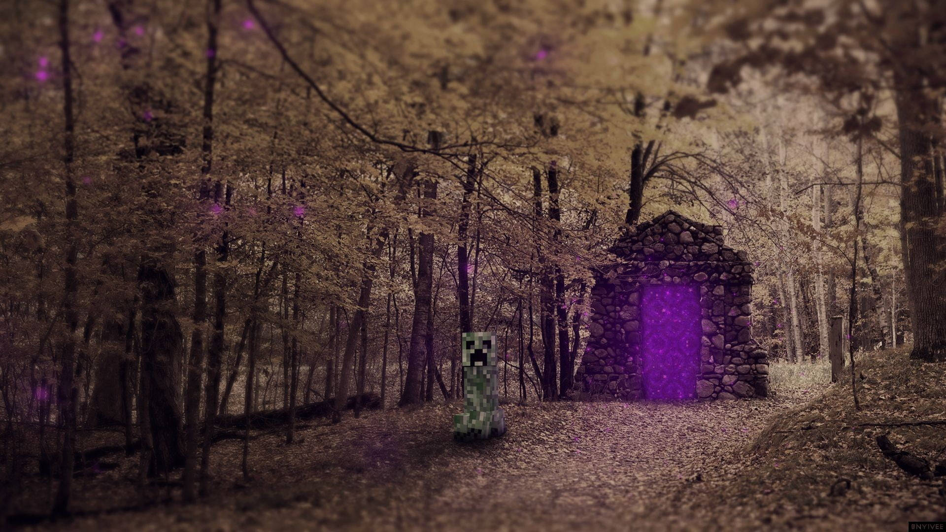 Creeper Di Minecraft Nella Foresta Sfondo