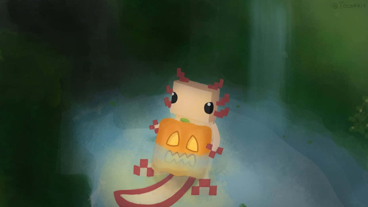 Minecraft Cute Axolotl Holding A Pumpkin Digital Painting Wallpaper