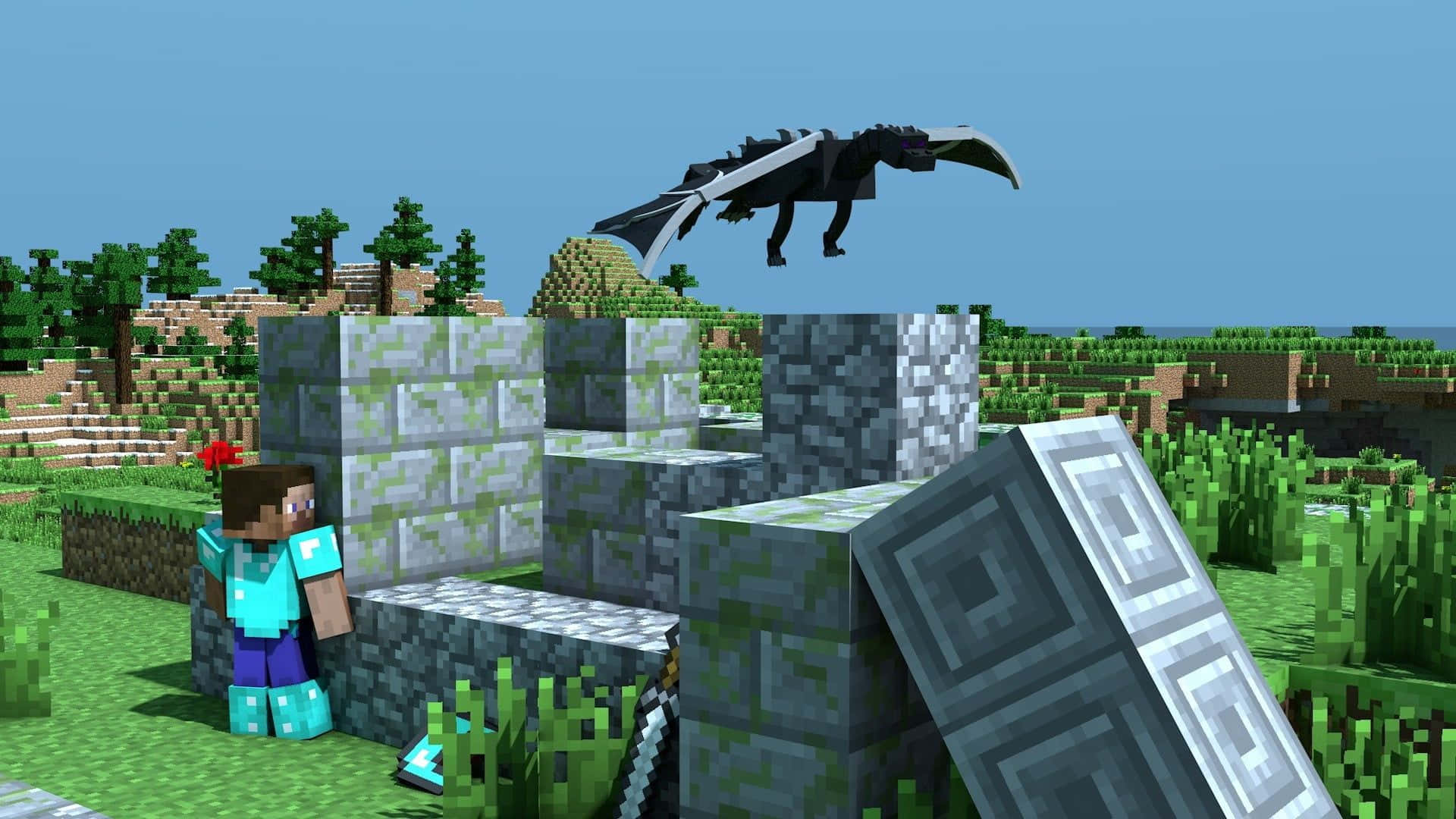 Minecraft Steve Hiding From Ender Dragon Background