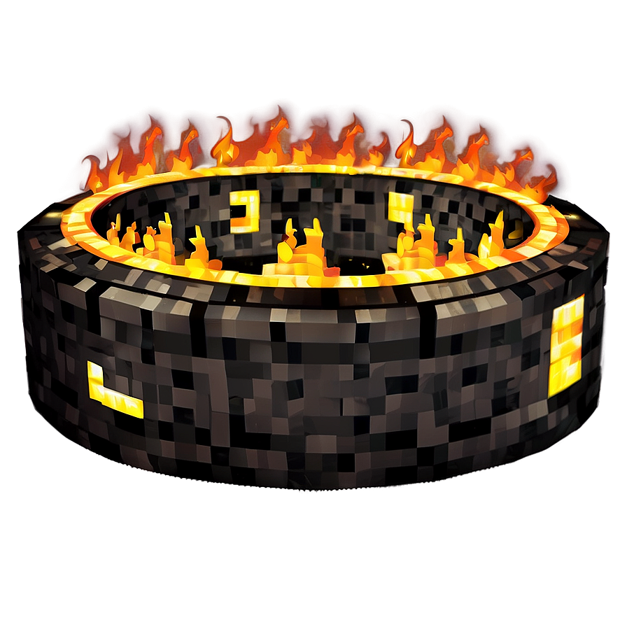 Minecraft Fire Ring PNG rmi PNG — A pixelated Minecraft-style fire pit with glowing flames and golden blocks radiating warmth against a dark background.