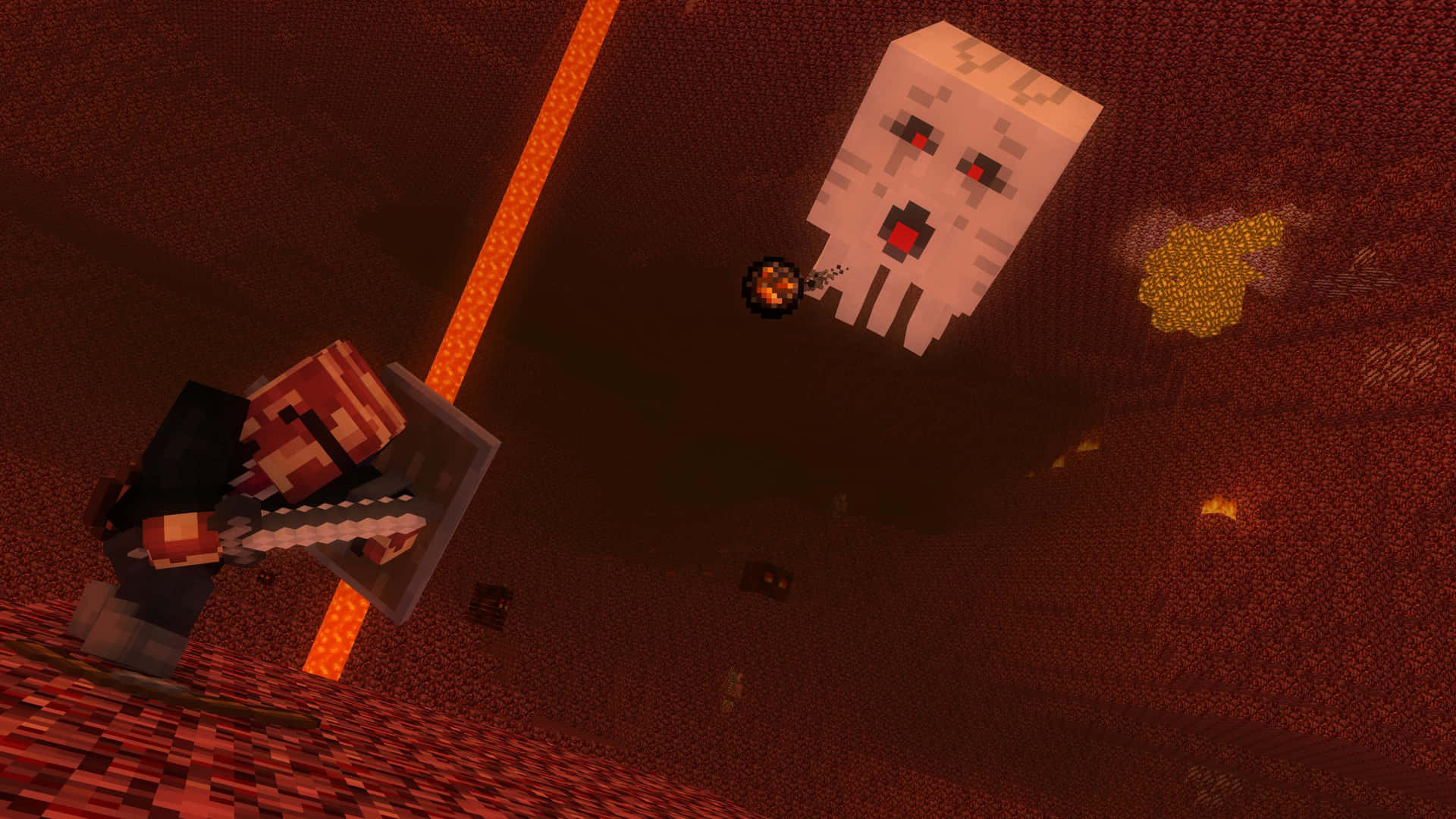 A spooky Minecraft Ghast floating in the dark Nether realm Wallpaper