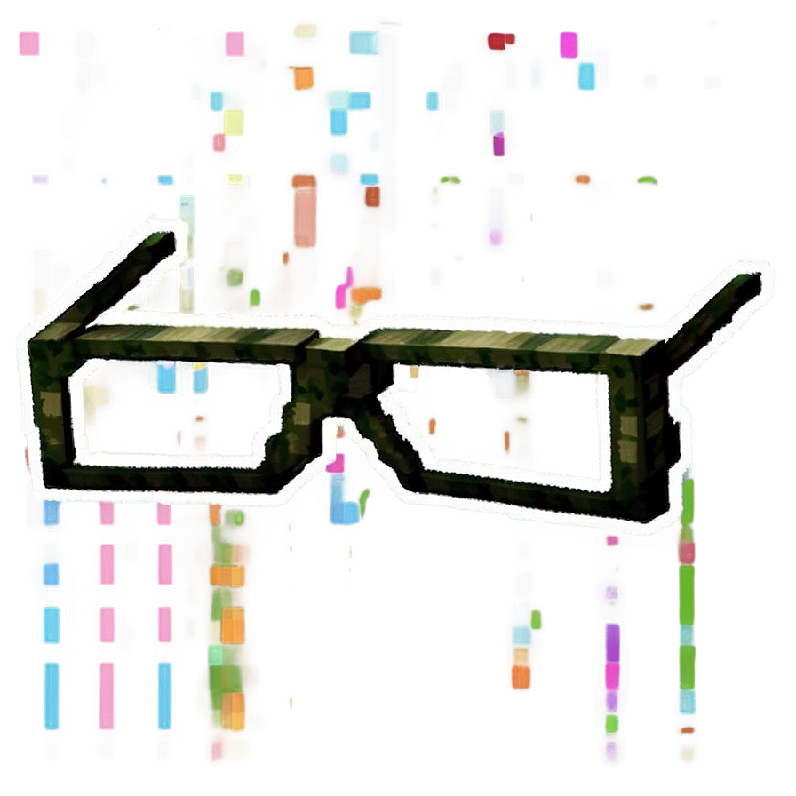 Pixelated camouflage glasses glowing with neon lights and colorful digital particles.