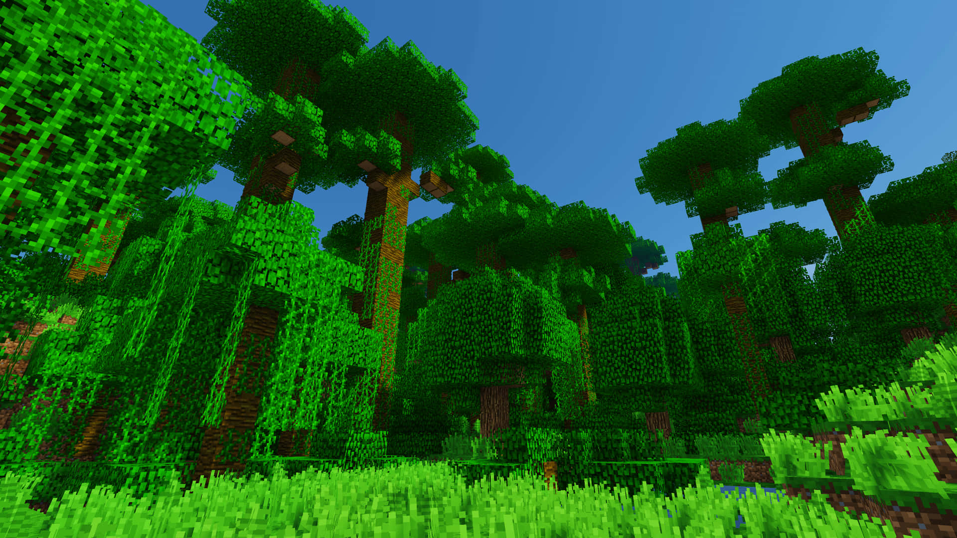 A field of bright green Minecraft grass surrounded by a winding river. Wallpaper