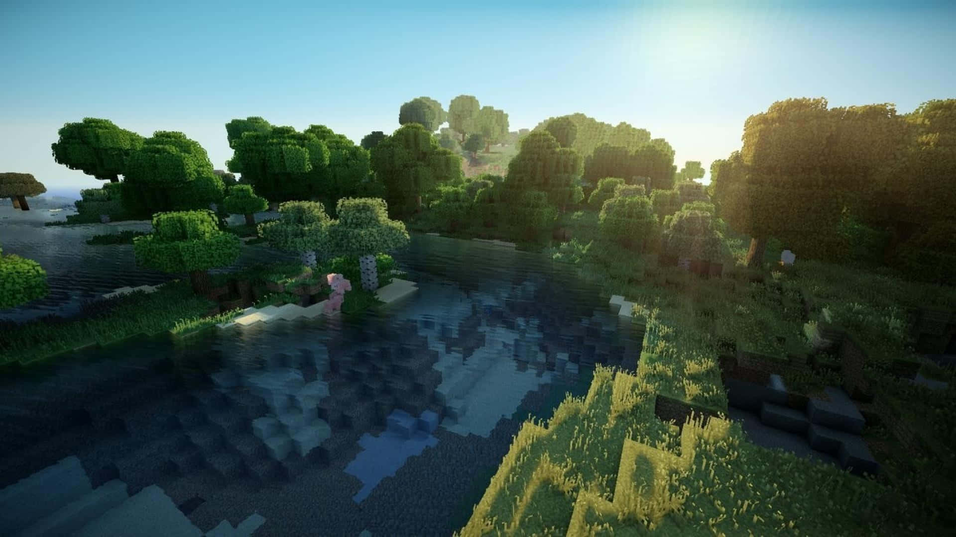 Find your way home by traversing the grassy landscape of Minecraft Wallpaper
