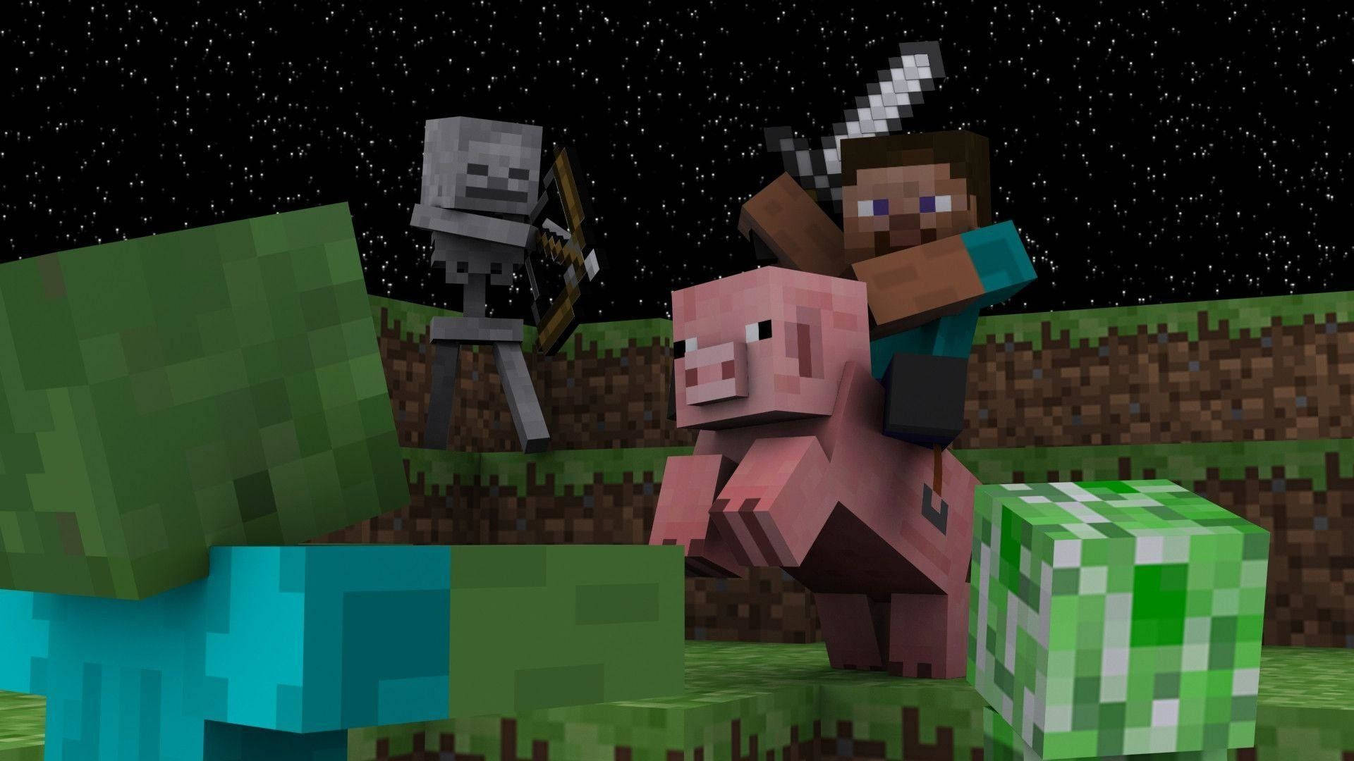 Minecraft Herobrine Fighting Zombie And Skeleton Background
