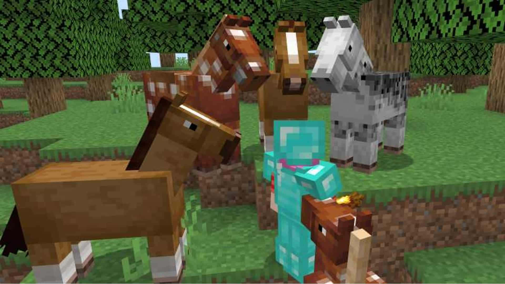 Galloping in a Vibrant Minecraft World with Horses Wallpaper