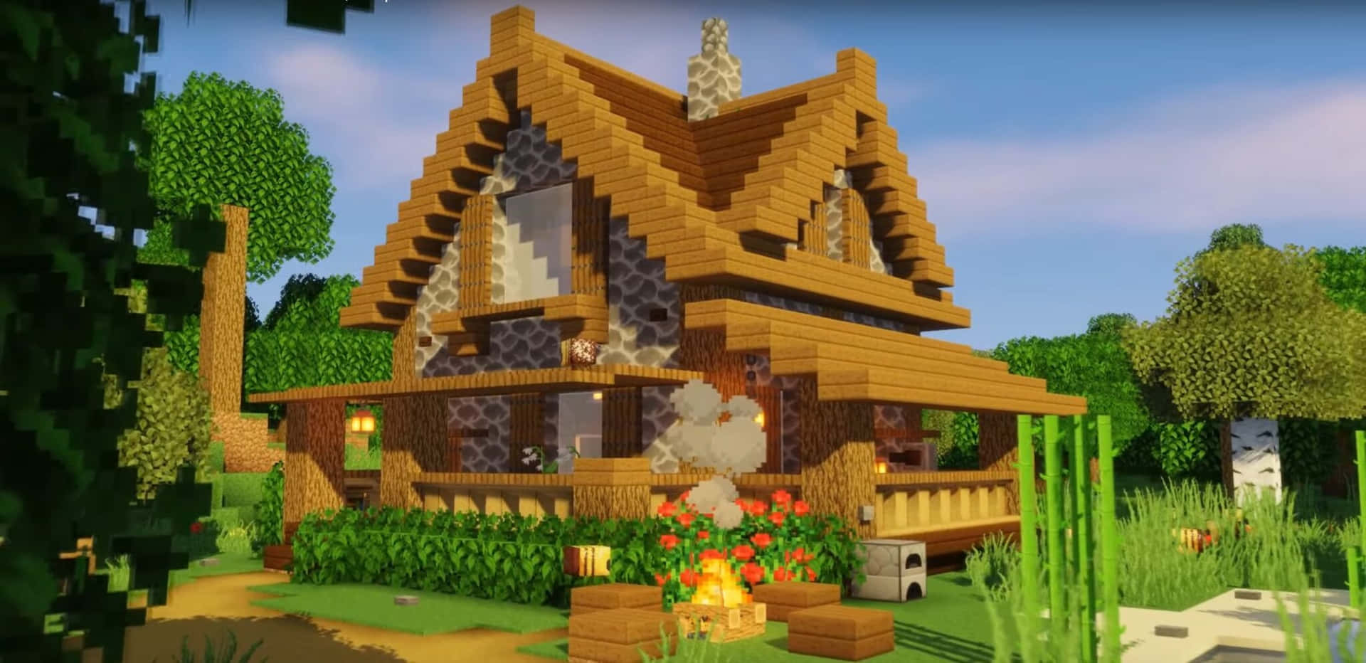 A spectacular view of a village of traditional Minecraft houses