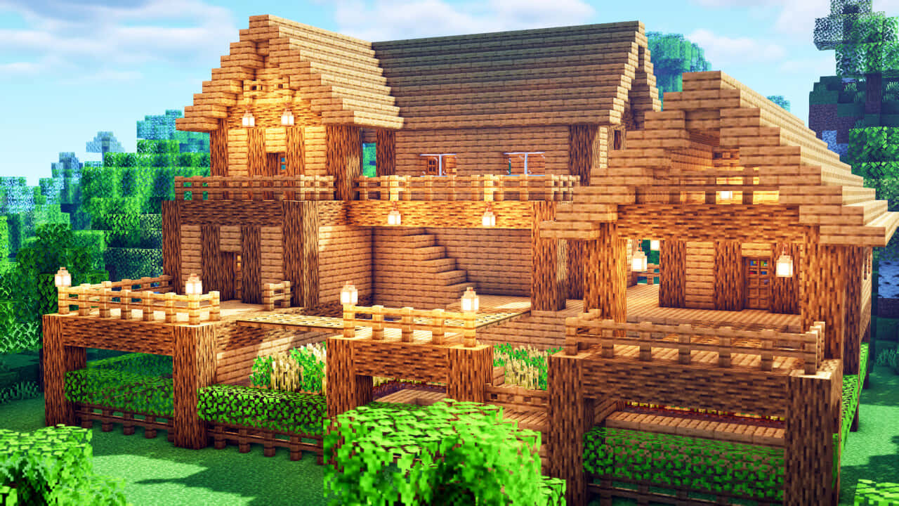 A Minecraft House With A Wooden Deck And Trees