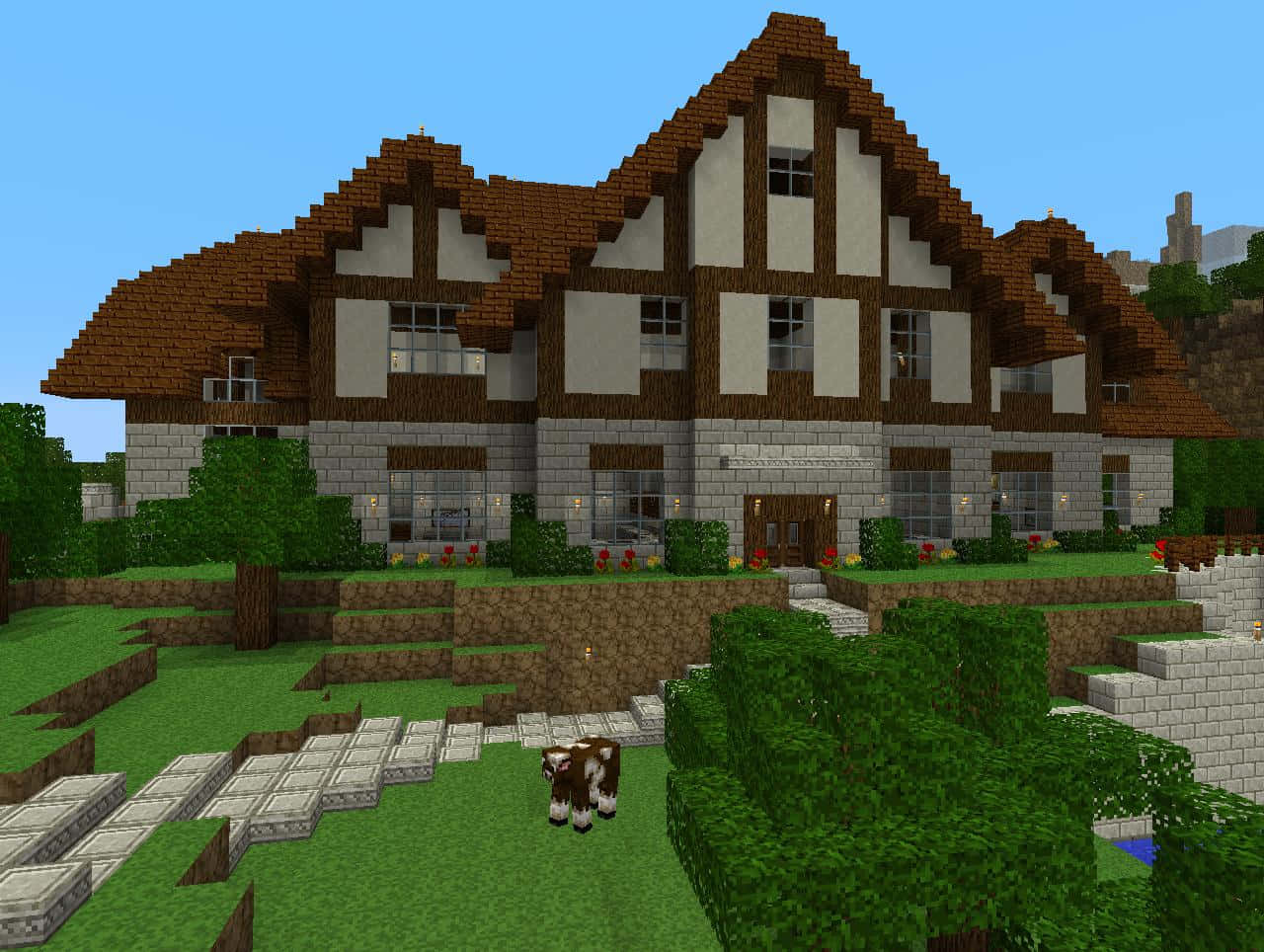 Etthandgjort Minecraft-hus Byggt Med Rödsten Och Kvartsblock.