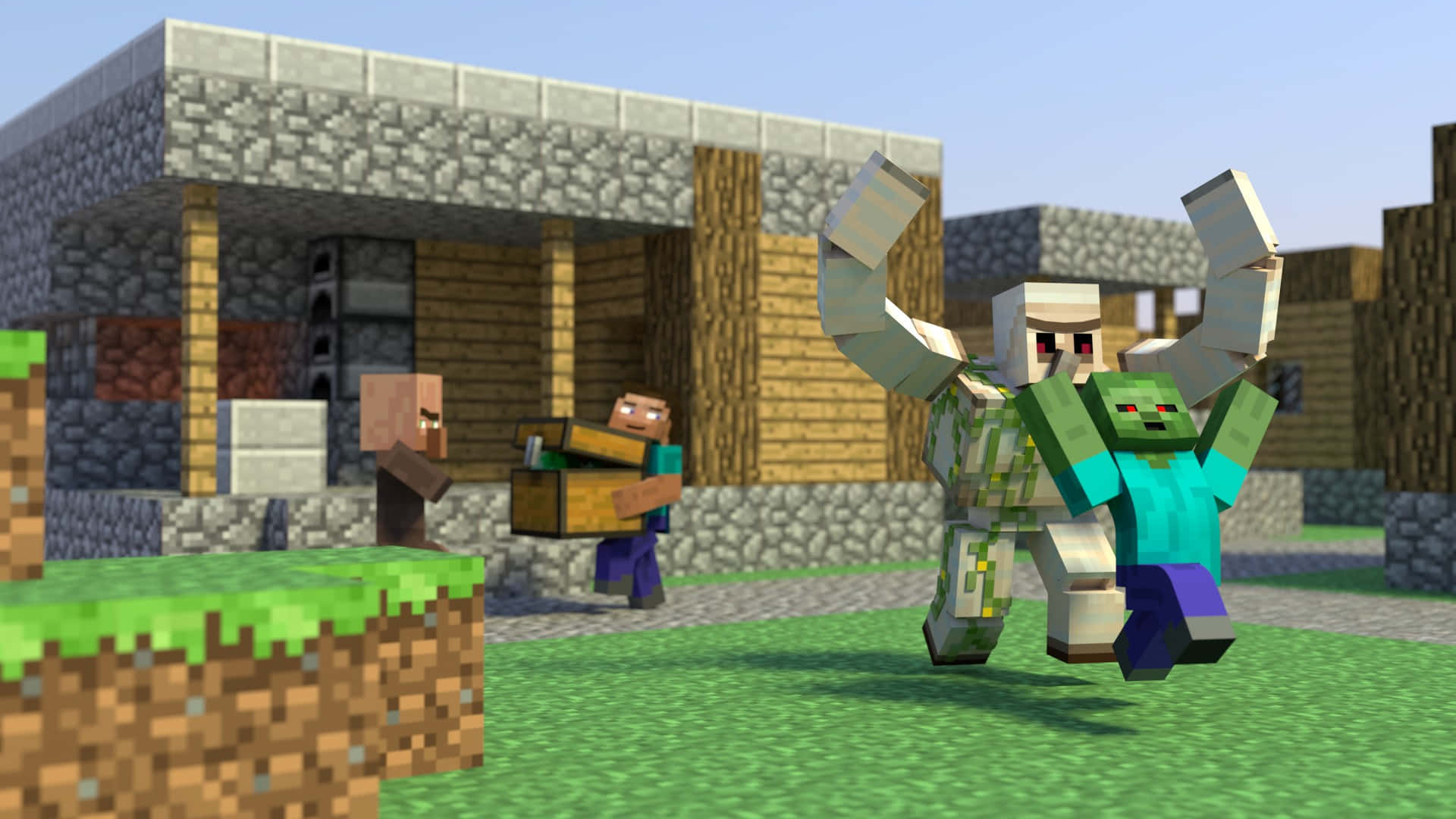 Mighty Iron Golem protects a village in Minecraft Wallpaper