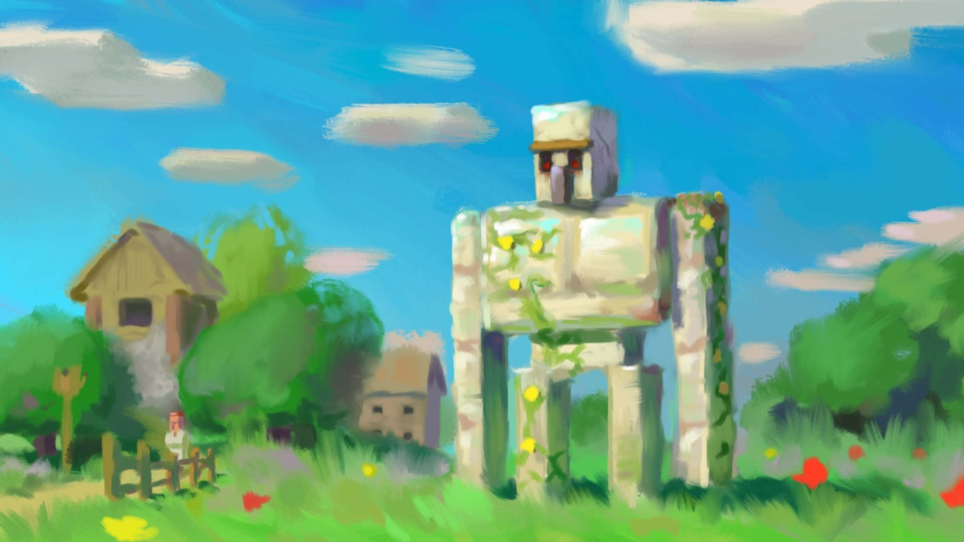 Minecraft Iron Golem standing guard over a village Wallpaper
