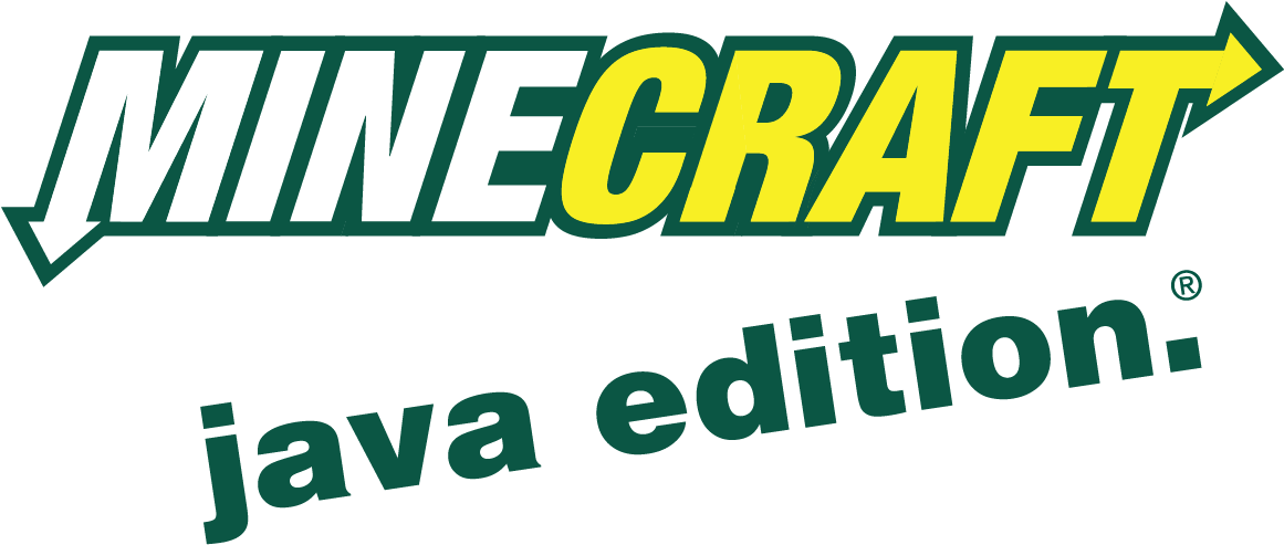 Minecraft Java Edition Logo Transparent PNG — The Minecraft Java Edition logo features bold white and yellow text with green outlines and a right-pointing arrow on a black background.