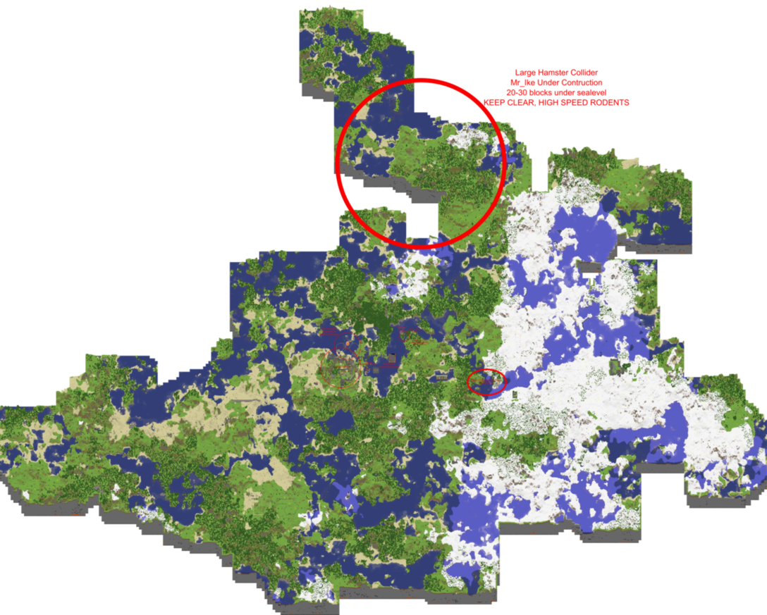 Minecraft Map Overviewwith Annotations PNG — A pixelated map shows green landmasses and blue water bodies with a red circle highlighting a specific region.