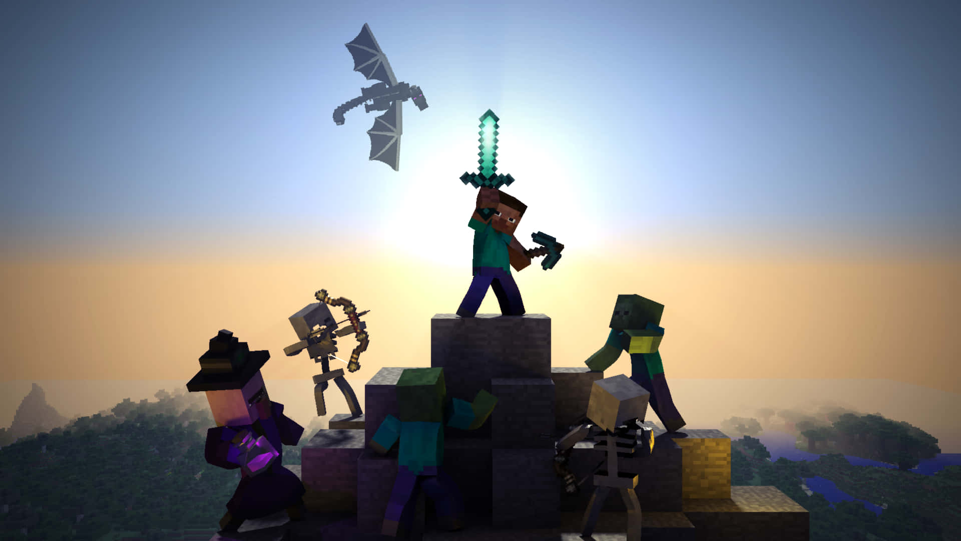 Minecraft - A Group Of People Standing On Top Of A Mountain Wallpaper