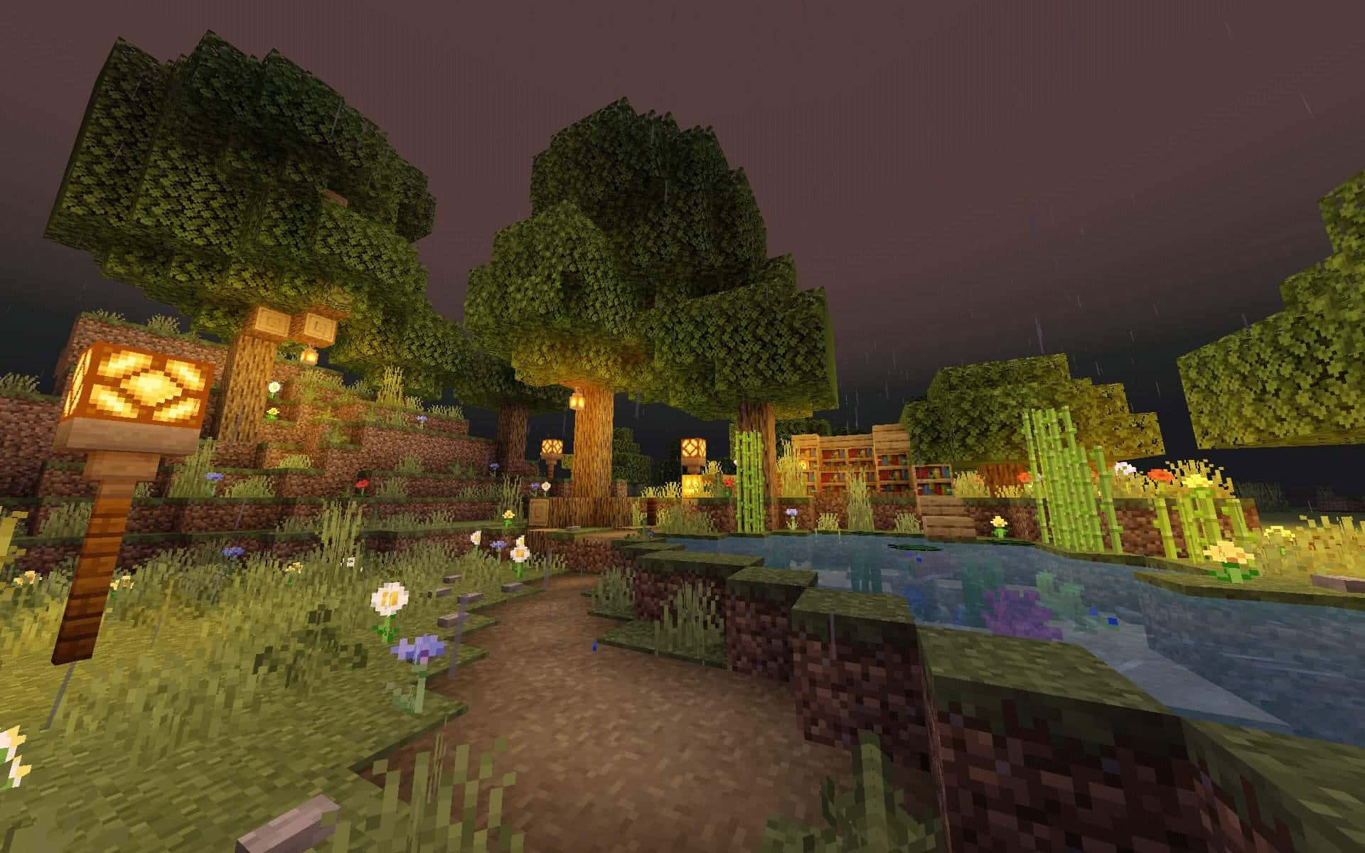 Minecraft_ Nighttime_ Village_ Scene Wallpaper