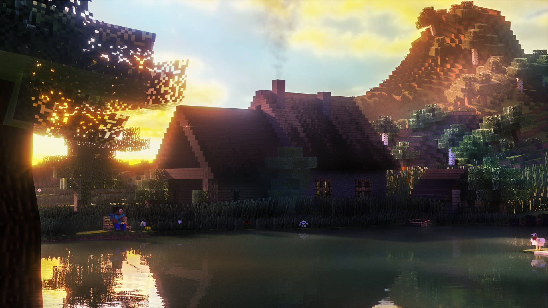Minecraft Pc Lake-side House Wallpaper