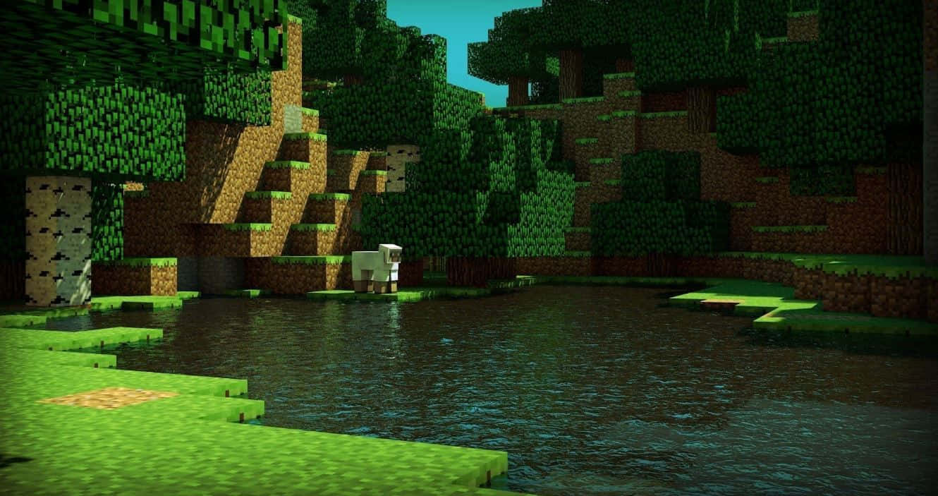 A Minecraft player exploring the vibrant world with their loyal pets Wallpaper