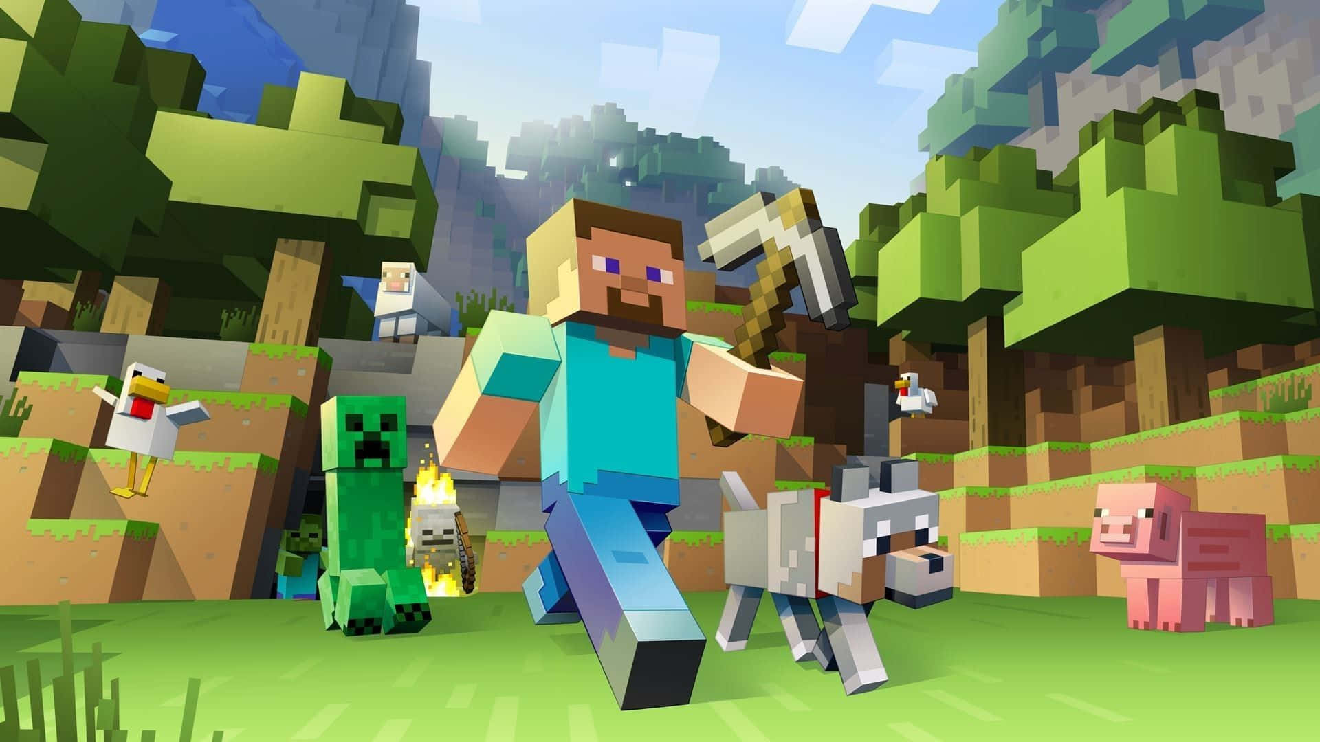 Adorable Minecraft pets exploring the wild Wallpaper