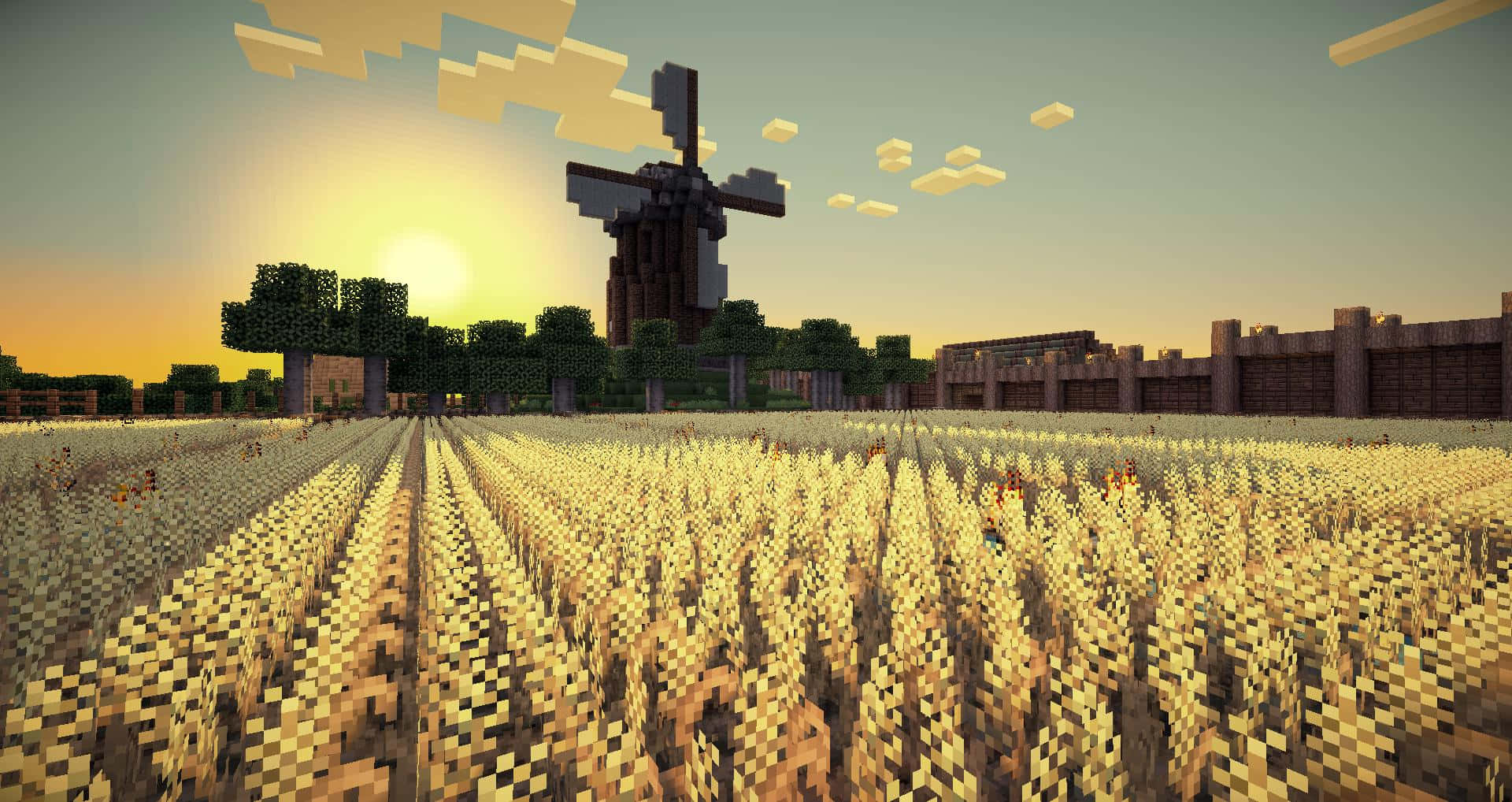 Minecraftreisfeld- Und Windmühlenbild