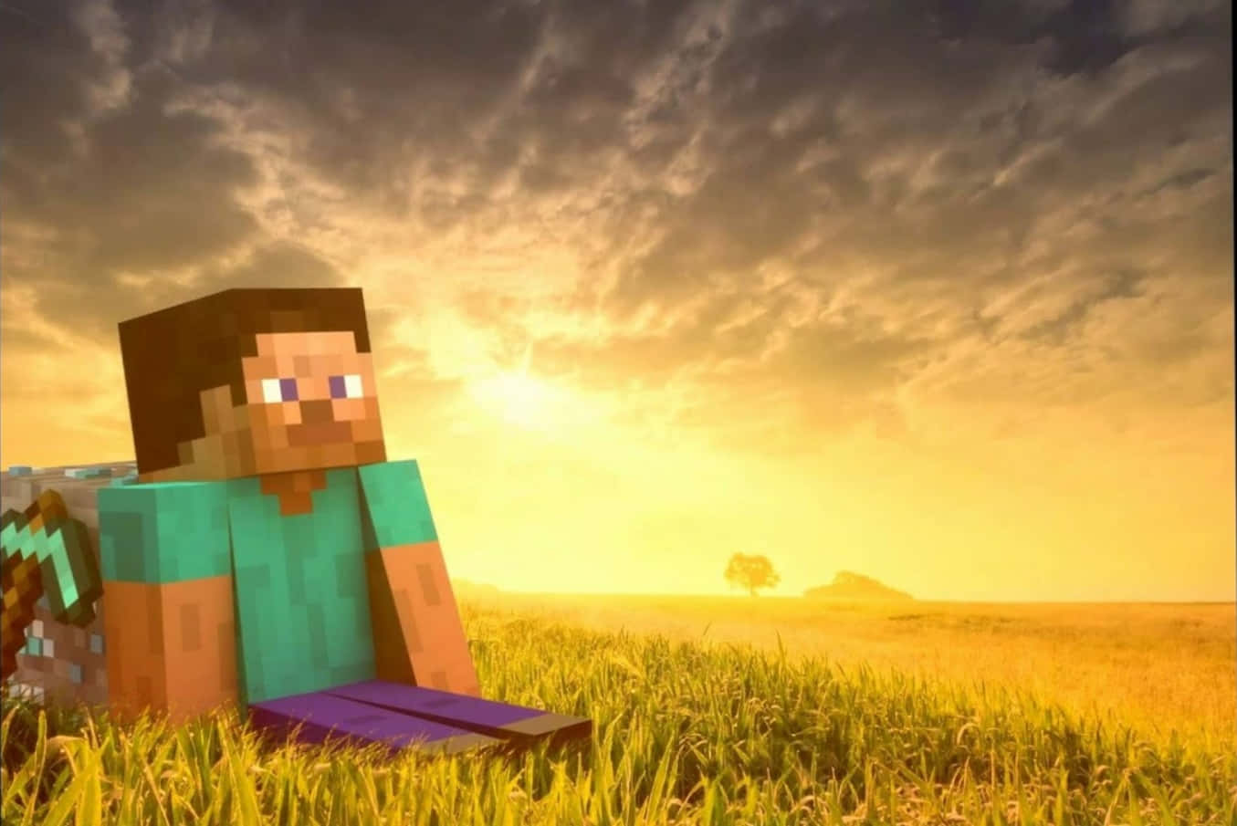 Minecraft-figurer på græs ved solnedgang billede