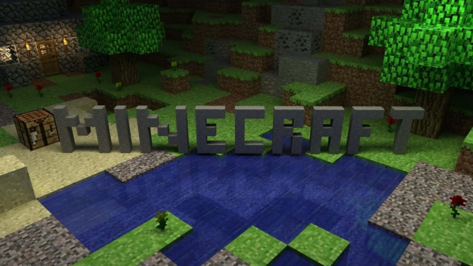 Logodi Minecraft Su Immagine Di Un Lago Nella Foresta.