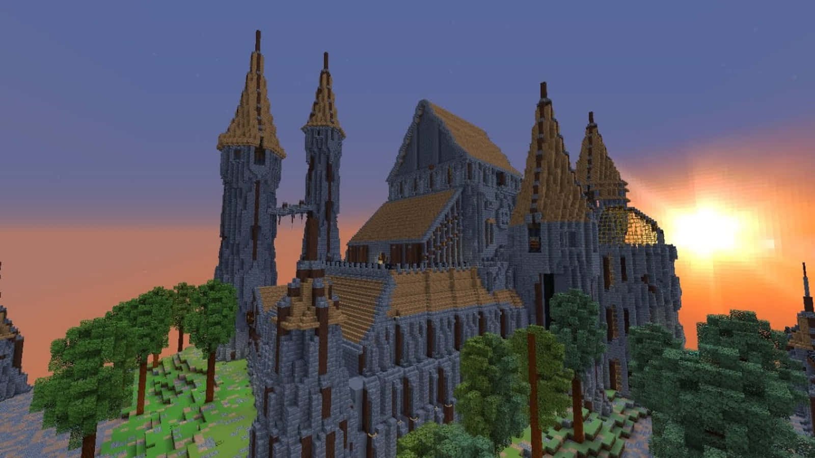 Minecraftburg Unter Sonnenuntergangs-motiv