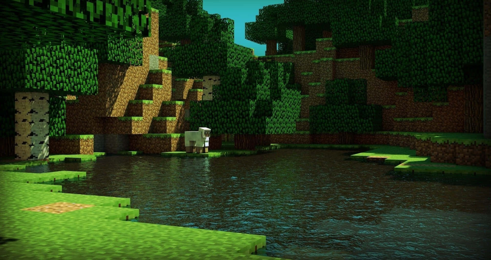 Minecraft-sø i skovbillede Tapet