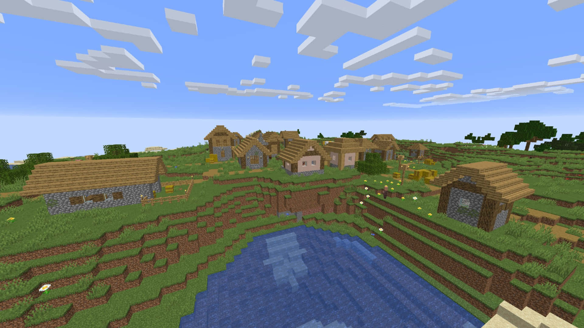 Minecraft Village Med Søbillede Tapet