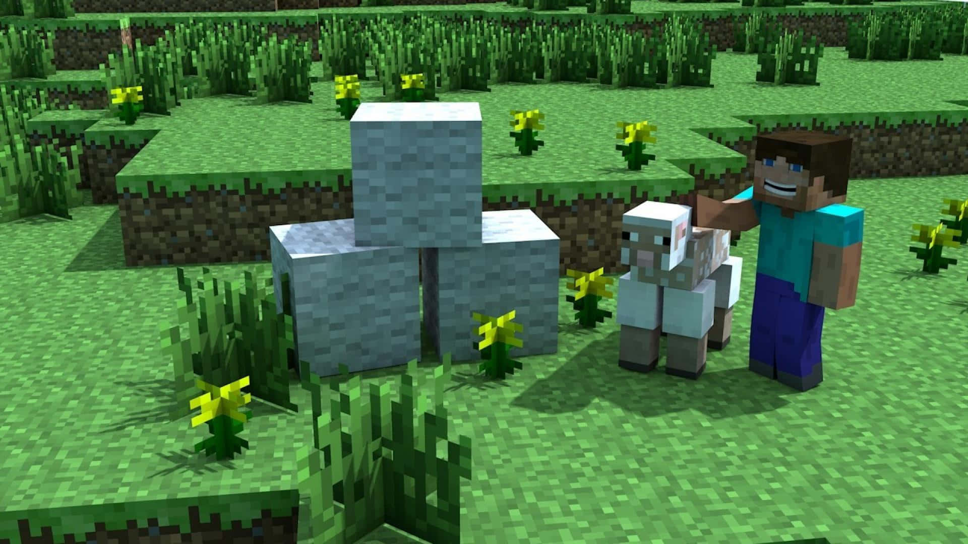 A Minecraft Sheep grazing in a lush green meadow Wallpaper
