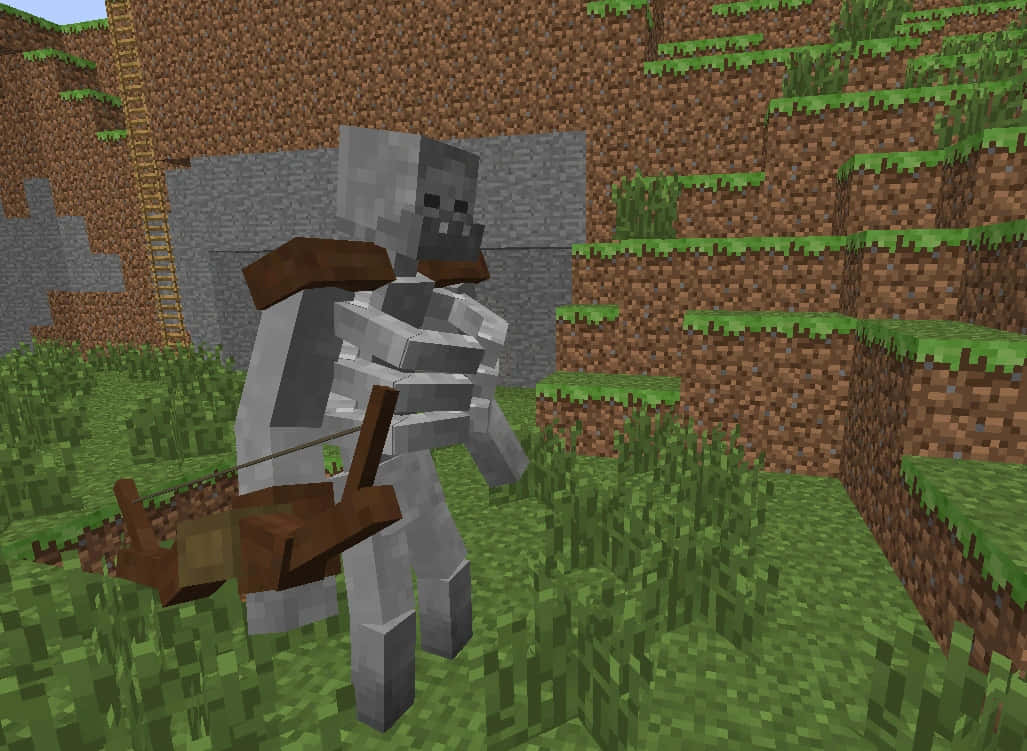 A menacing Minecraft Skeleton wielding a bow and arrow Wallpaper