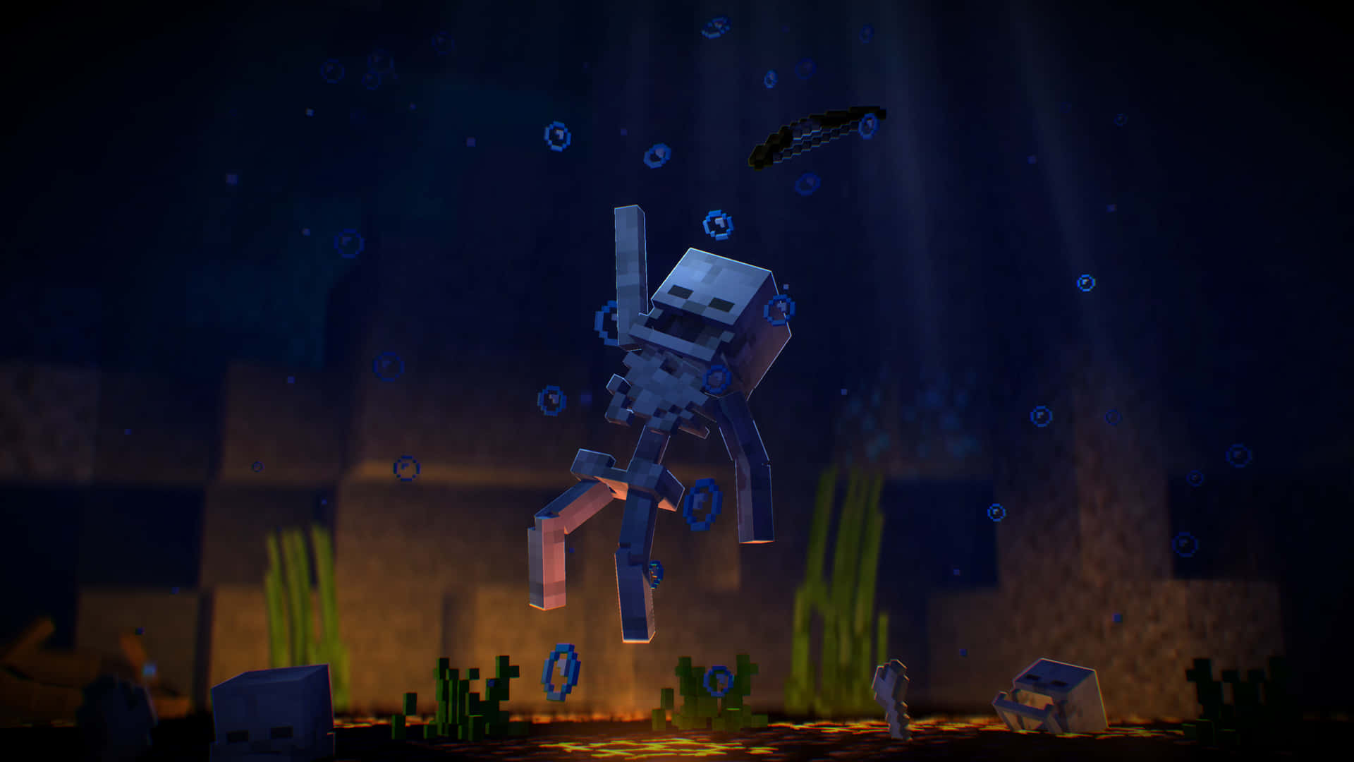A menacing Minecraft Skeleton lurking in the shadows Wallpaper