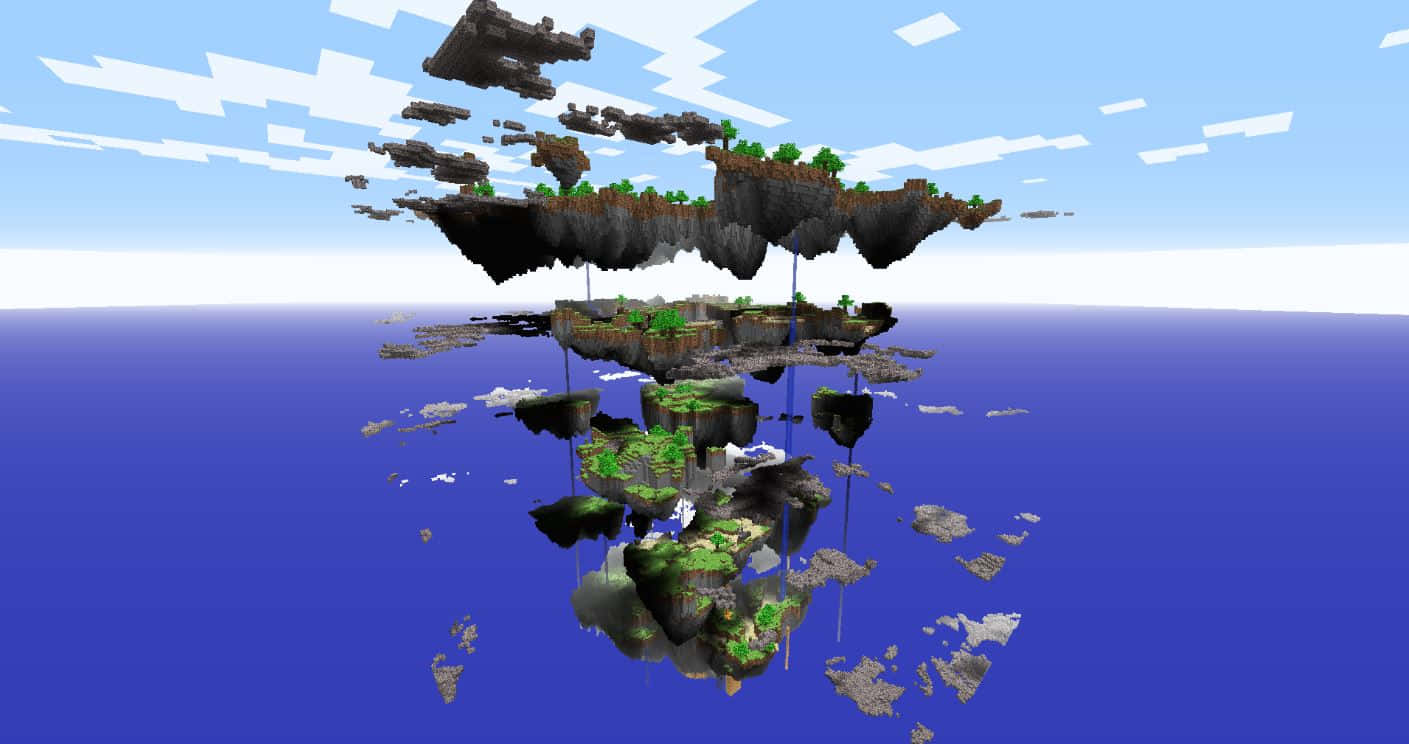 A player exploring an adventurous Sky Block island in Minecraft Wallpaper