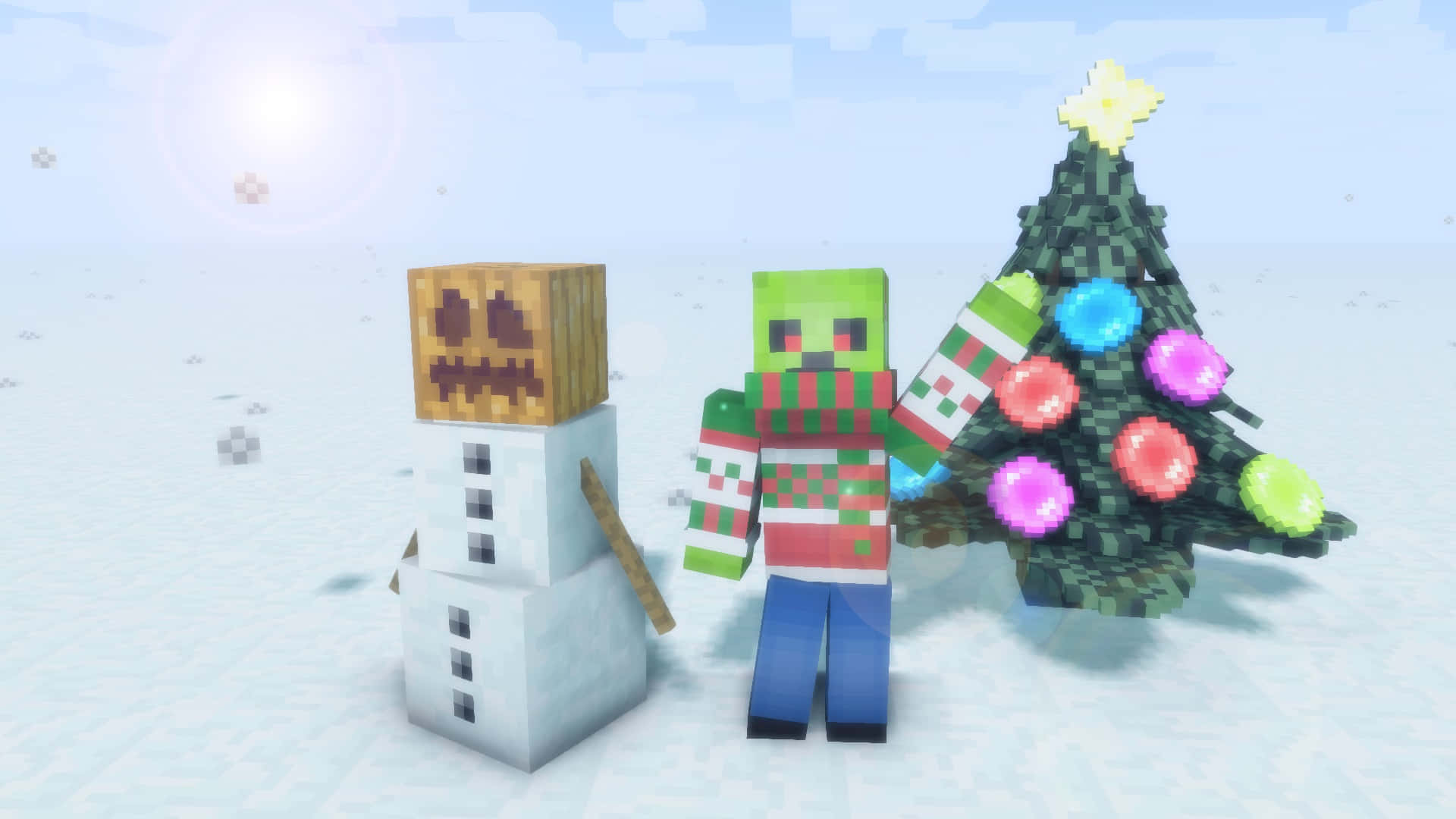Caption: A Friendly Minecraft Snow Golem in its Snowy Environment Wallpaper