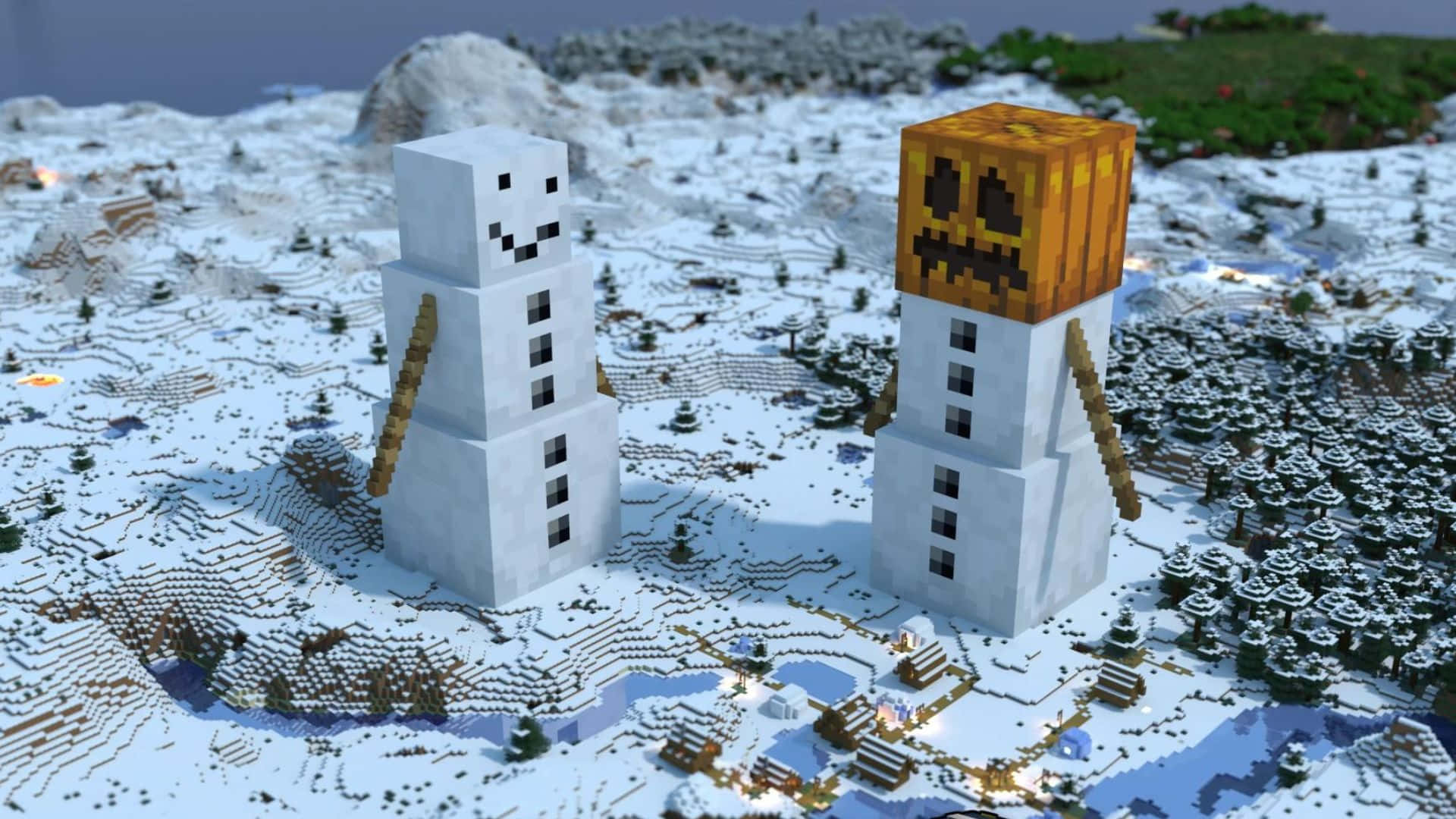 A Minecraft Snow Golem standing tall in a snowy landscape Wallpaper