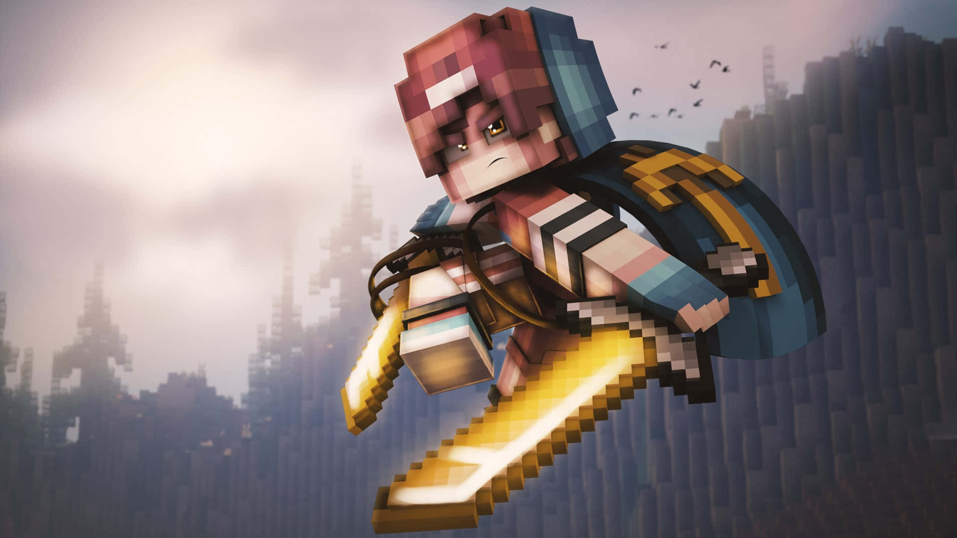 Minecraft Style_ Character_ Flying_with_ Jetpack Wallpaper