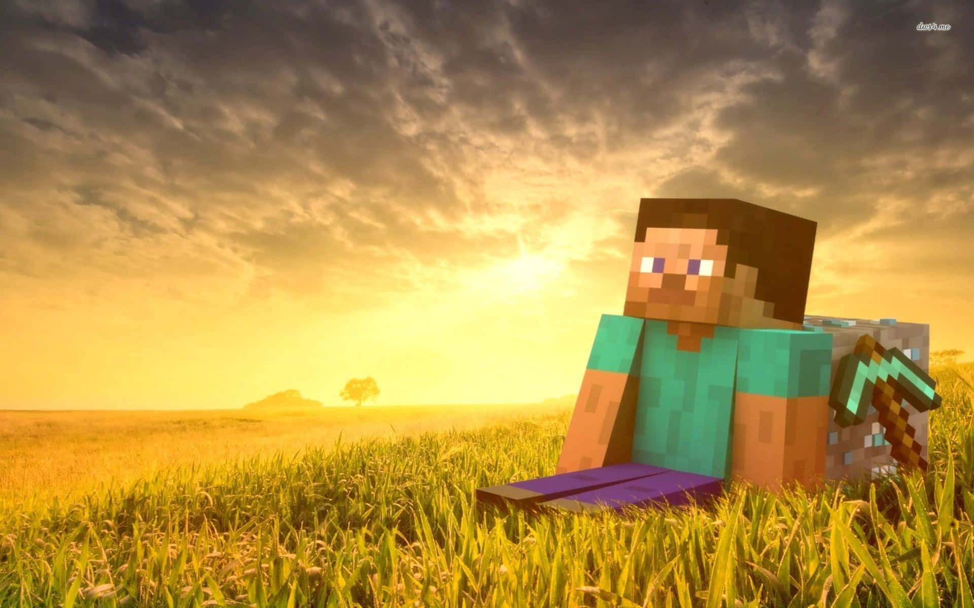 A Dramatic Sunsetting Sky in the World of Minecraft Wallpaper