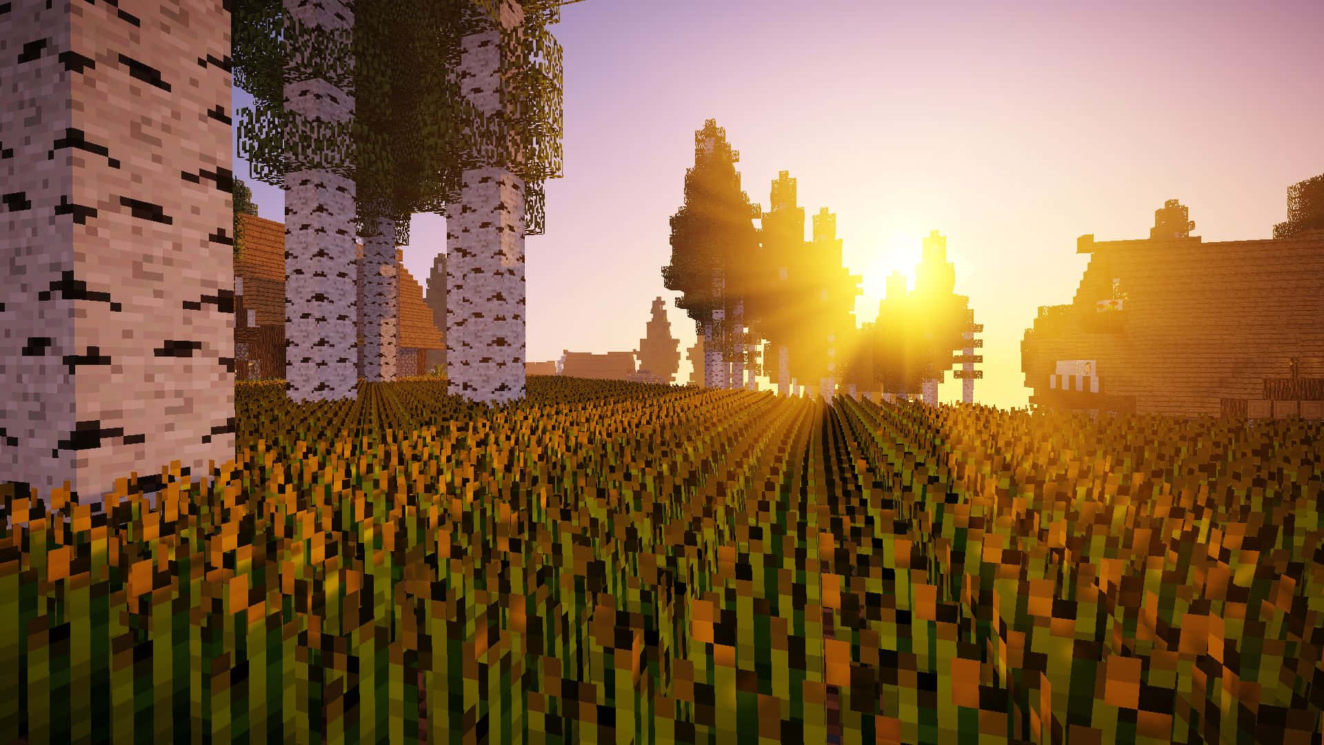 Atemberaubendeskyline Bei Sonnenuntergang In Der Welt Von Minecraft Wallpaper