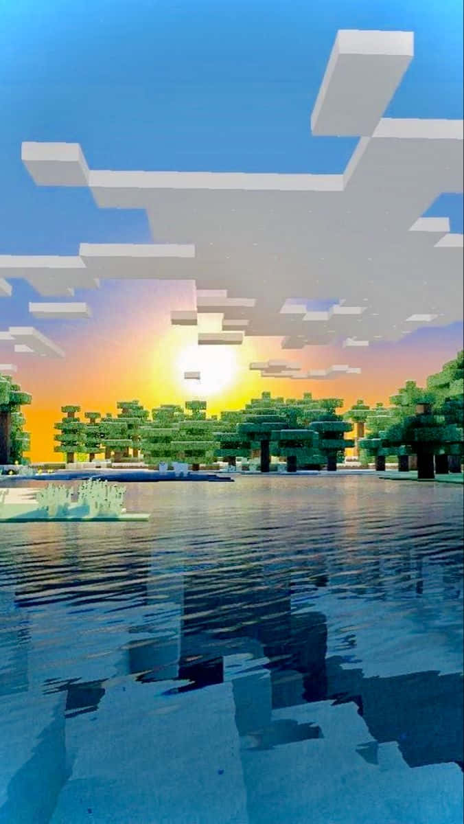 Enjoy The Beautiful Sunset On Your Minecraft Adventure Wallpaper