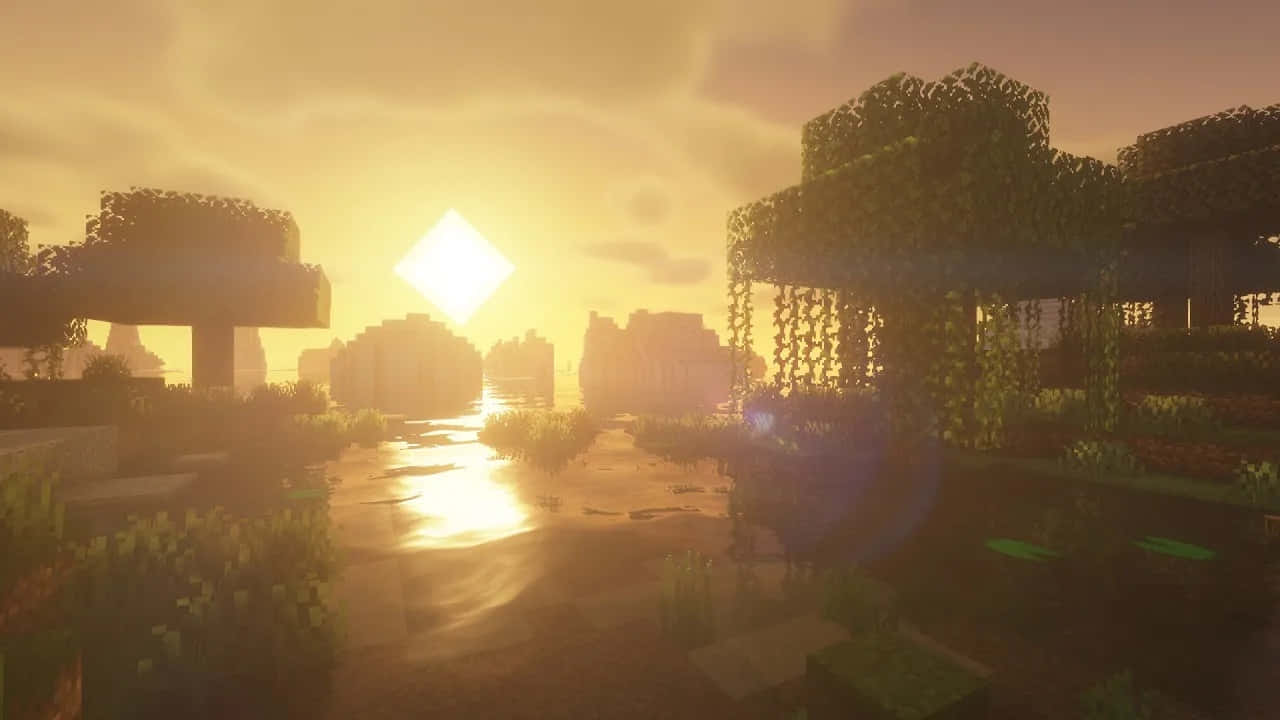 A sunset view of a Minecraft world Wallpaper