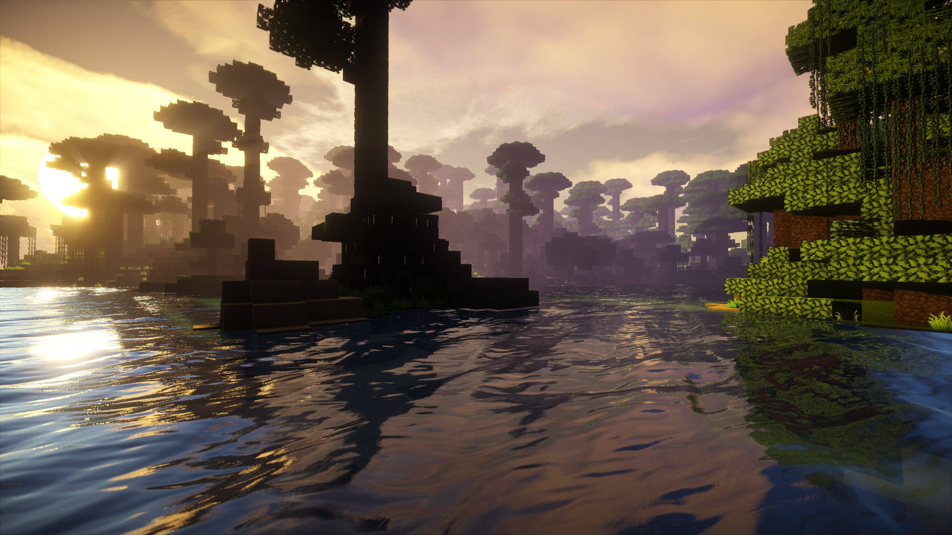 A tranquil evening in a sun-kissed Minecraft forest Wallpaper